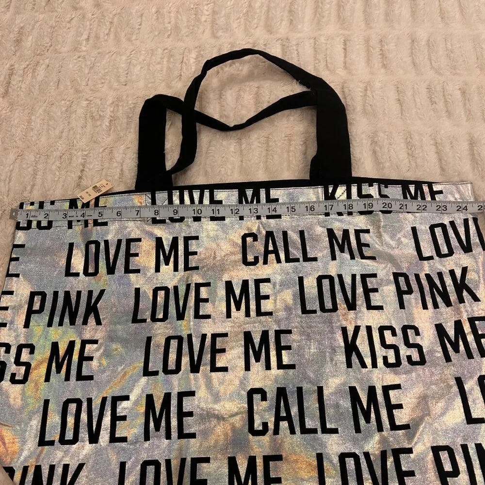 Victoria's Secret PINK  Love Me Tote Beach BooK Bag Silver and Black New - Picture 4 of 6